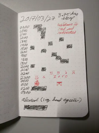 The anti-bad habit notebook with an example day filled out