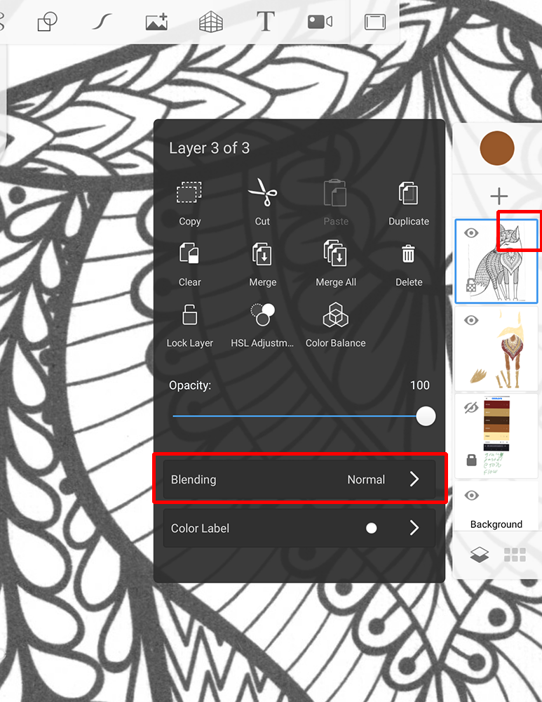 The coloring page layer settings open showing 'Blending' set to 'Normal' and a box around the layer indicater that this has been set and active.
