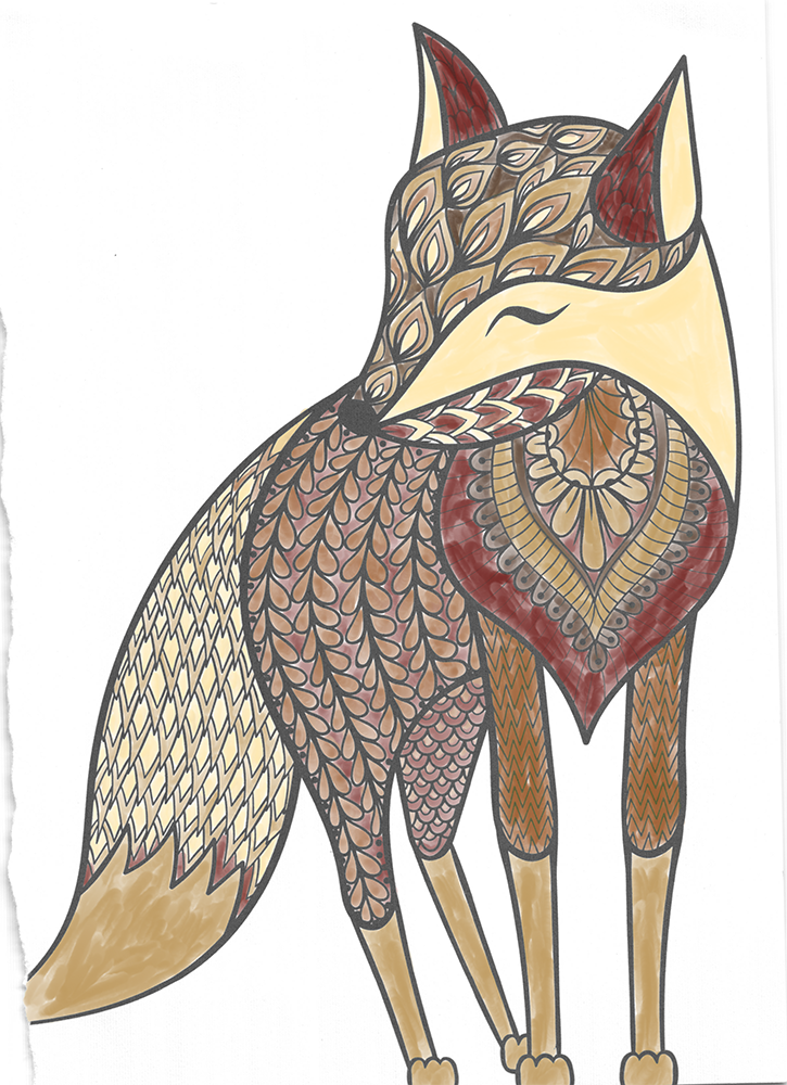 An exported copy of the coloring page. The image is a fox colored in brown earth tones that skew yellow and red.